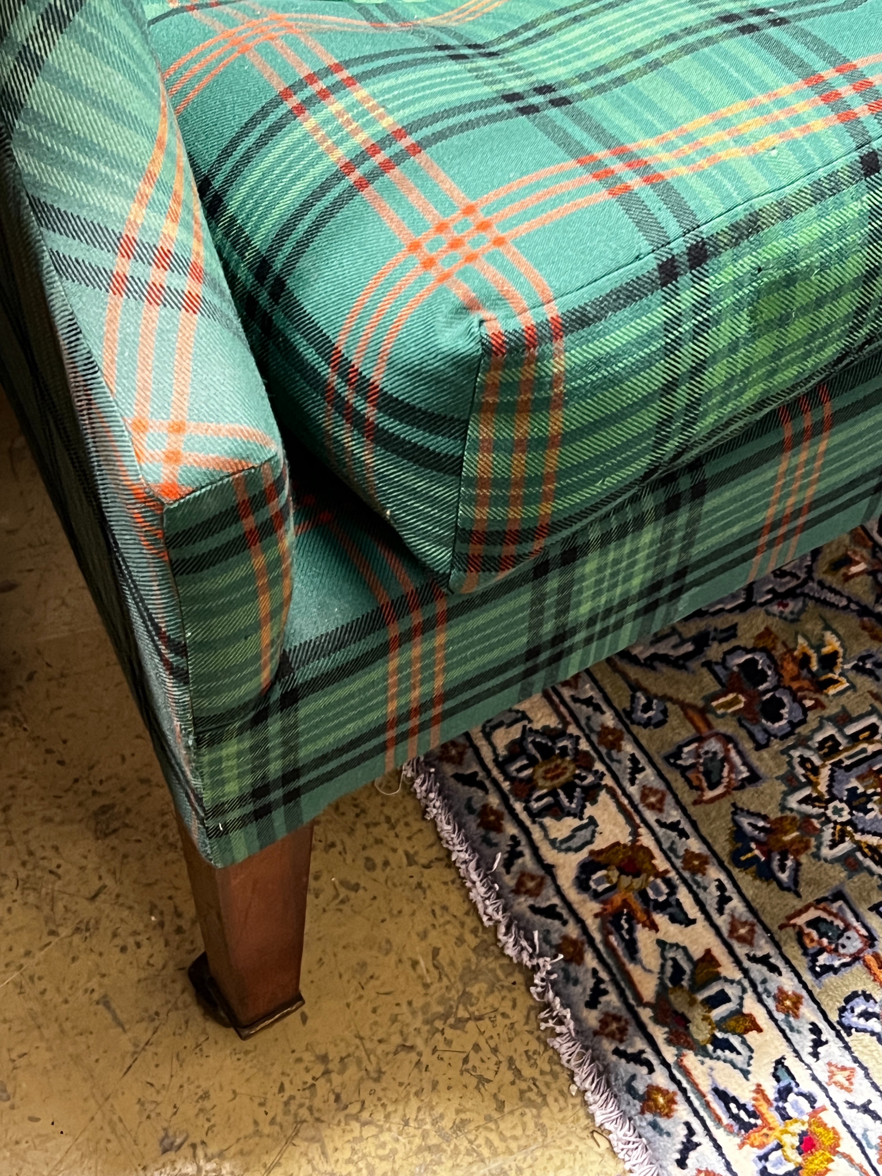 An Edwardian tartan fabric upholstered two seater settee, length 120cm, depth 64cm, height 102cm together with a similar armchair